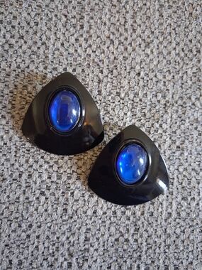 Vintage Black Geometric Earrings with Deep Blue Cabochons